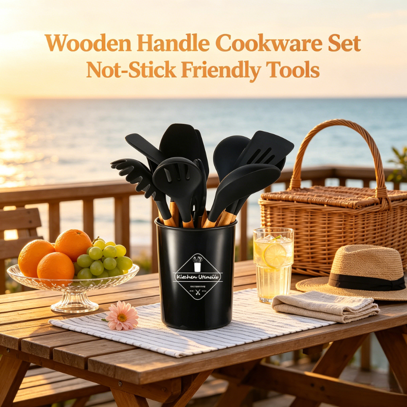 Kitchen Appliances And Utensils - Black Silicone Kitchen Tools 12Pcs Wooden
